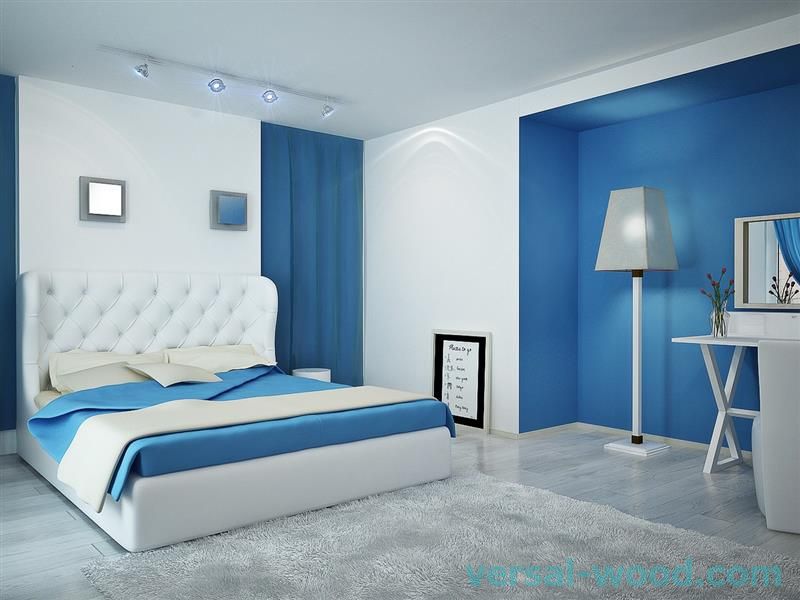 спалня в синьо и бяло