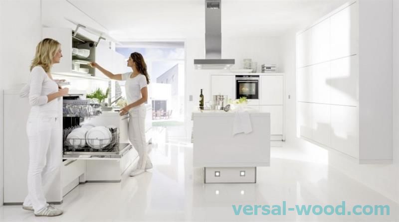 В інтер'єр сучасної просторій кухні відмінно вписуються різні повнорозмірні посудомийні машини