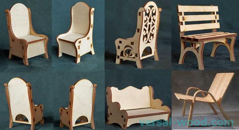Nekoliko modela stolica za lutke od šperploče